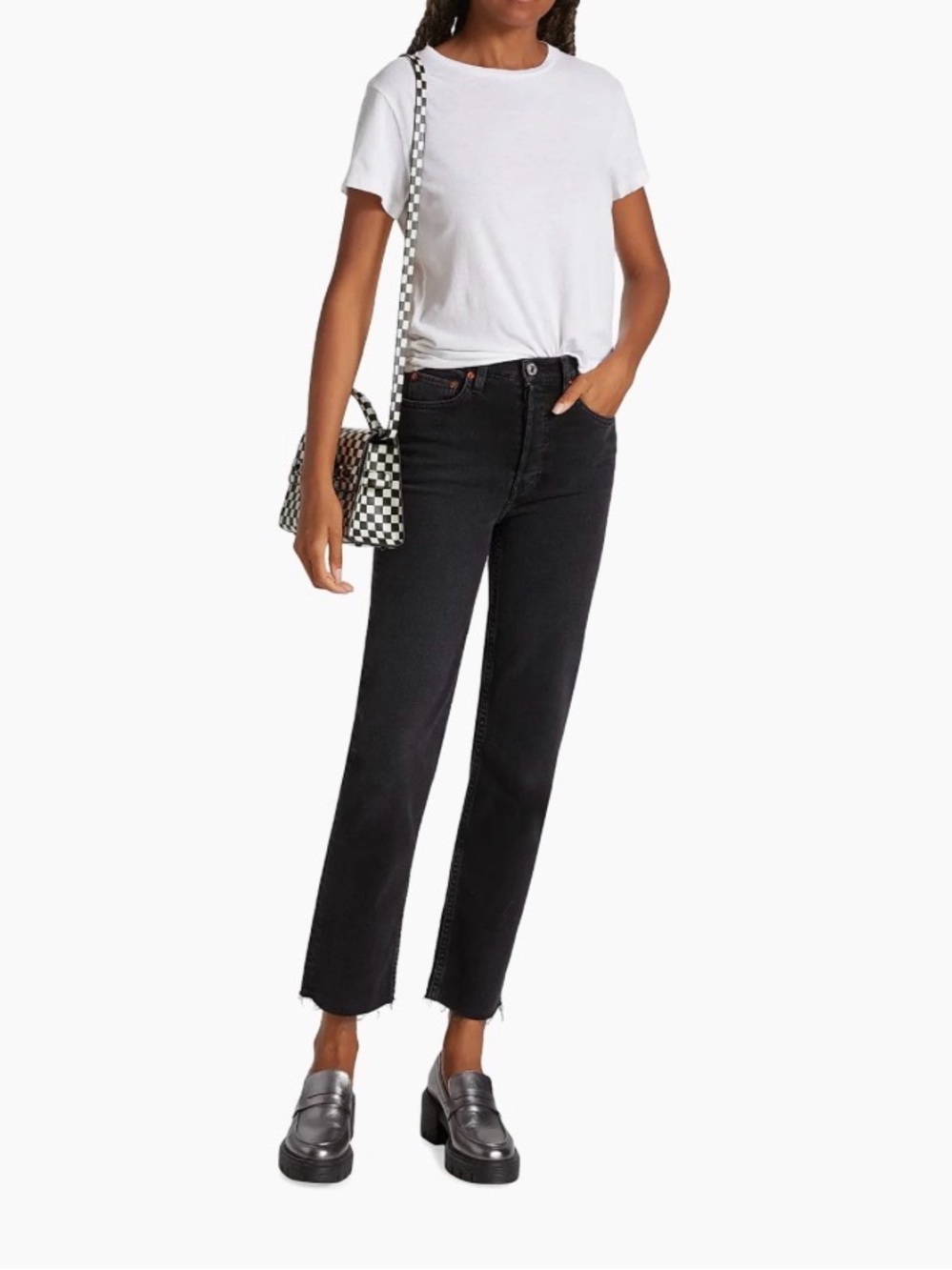 Re/Done Black Straight Leg Jeans with Raw Rolled Hem and slight stretch
